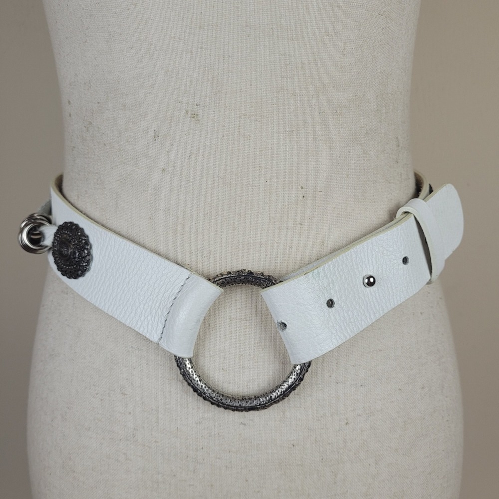 White Leather Concho Belt Sml Ring Western Cowgirl Boho Rustic Statement Artisan